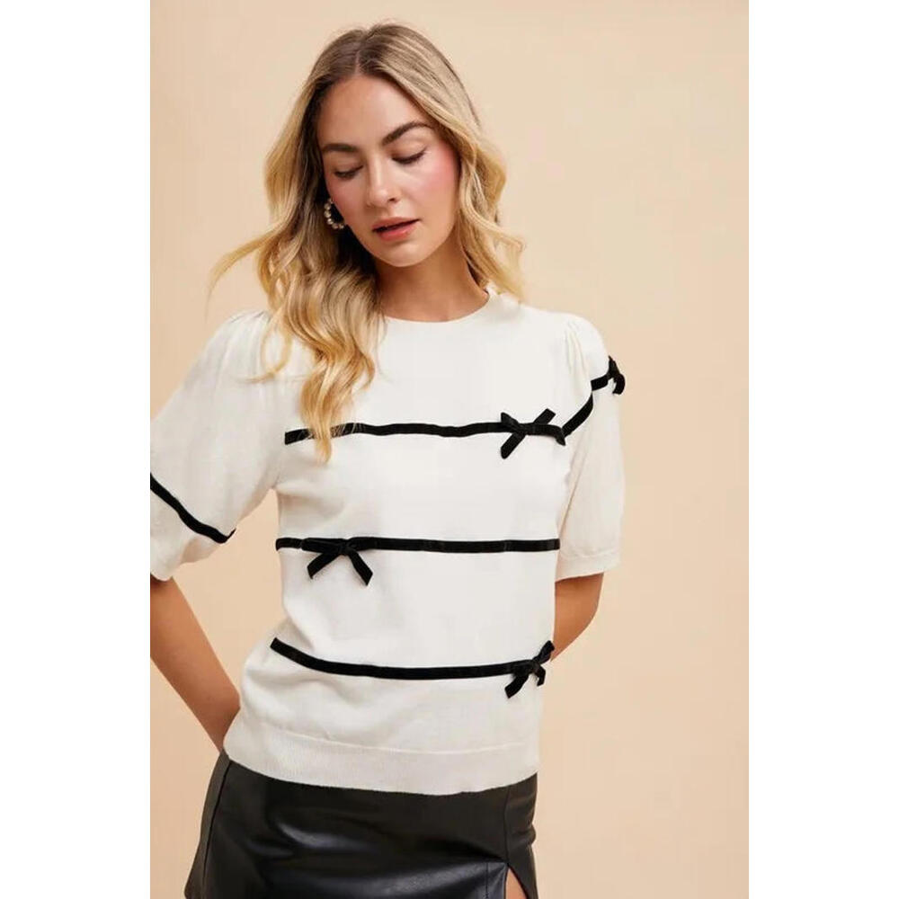 Striped Bow Round Neck Knit Top